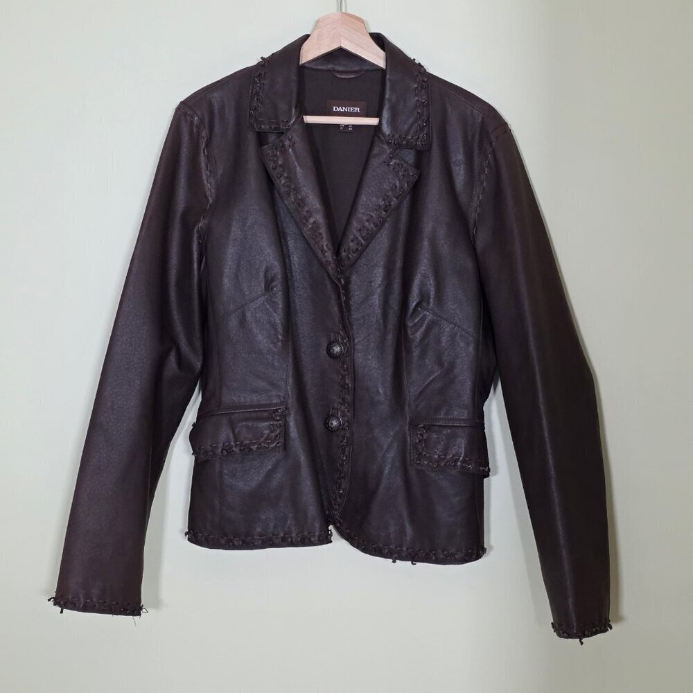 Danier Leather Jacket Women L Brown Studded Leaf Pockets Lined Boho Glitter Punk